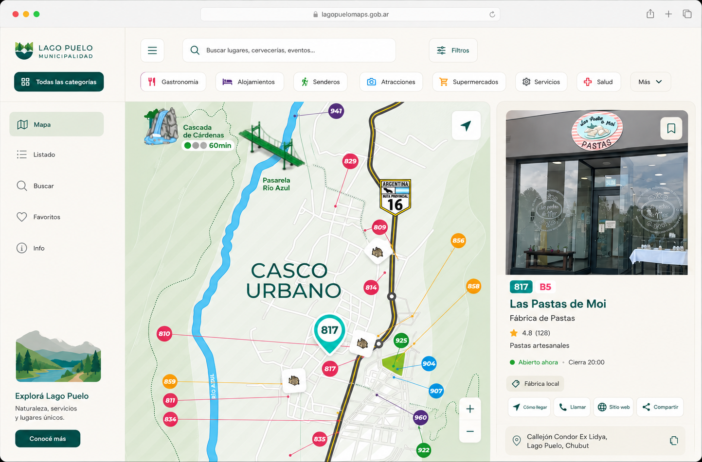 Vista de escritorio de la plataforma — mapa interactivo del casco urbano de Lago Puelo