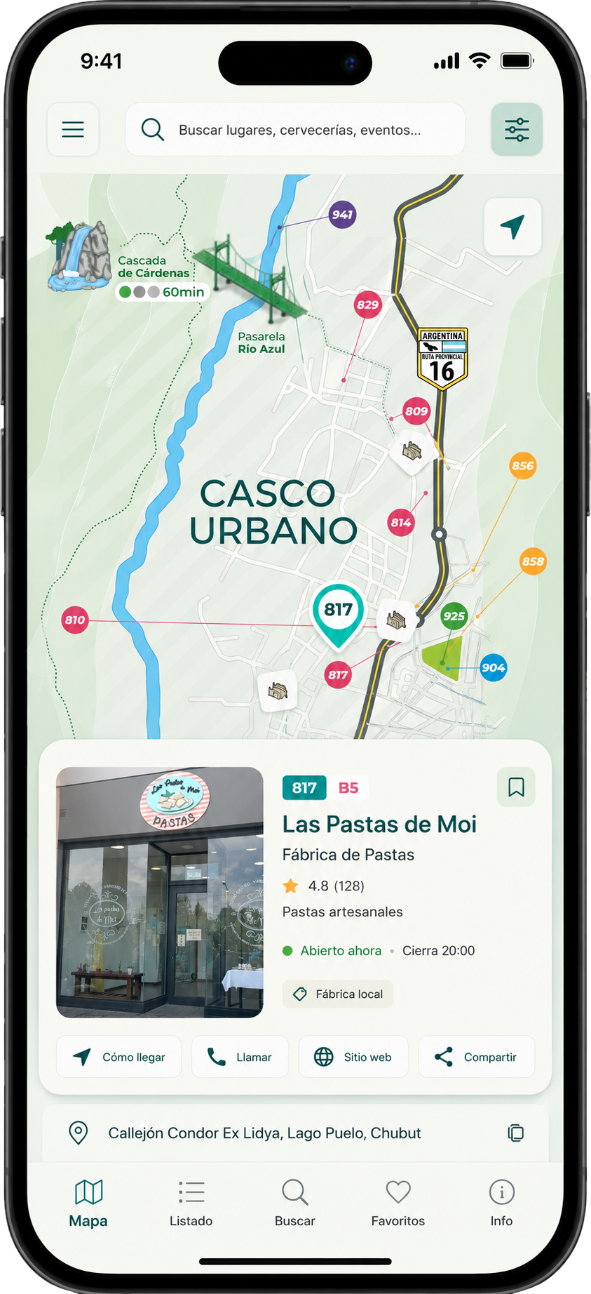 Vista móvil de la plataforma — mapa interactivo del casco urbano de Lago Puelo